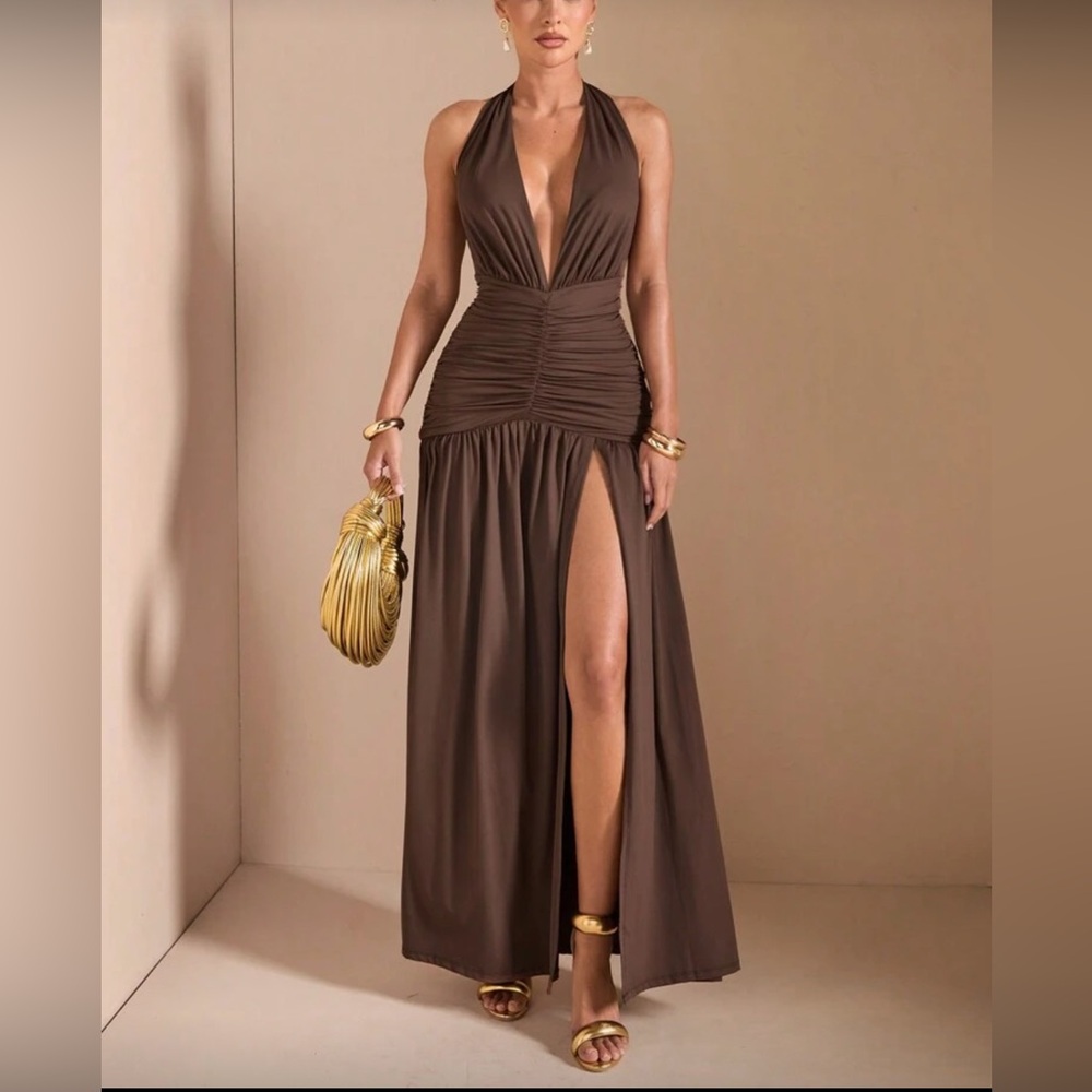 Sexy chocolate brown long dress open side slid| Deep V Neck  dress woman size M